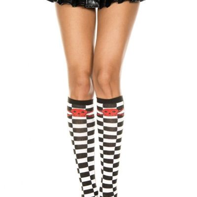 Music Legs Opaque Checker Board Knee High with Multi Color Crossbone Print